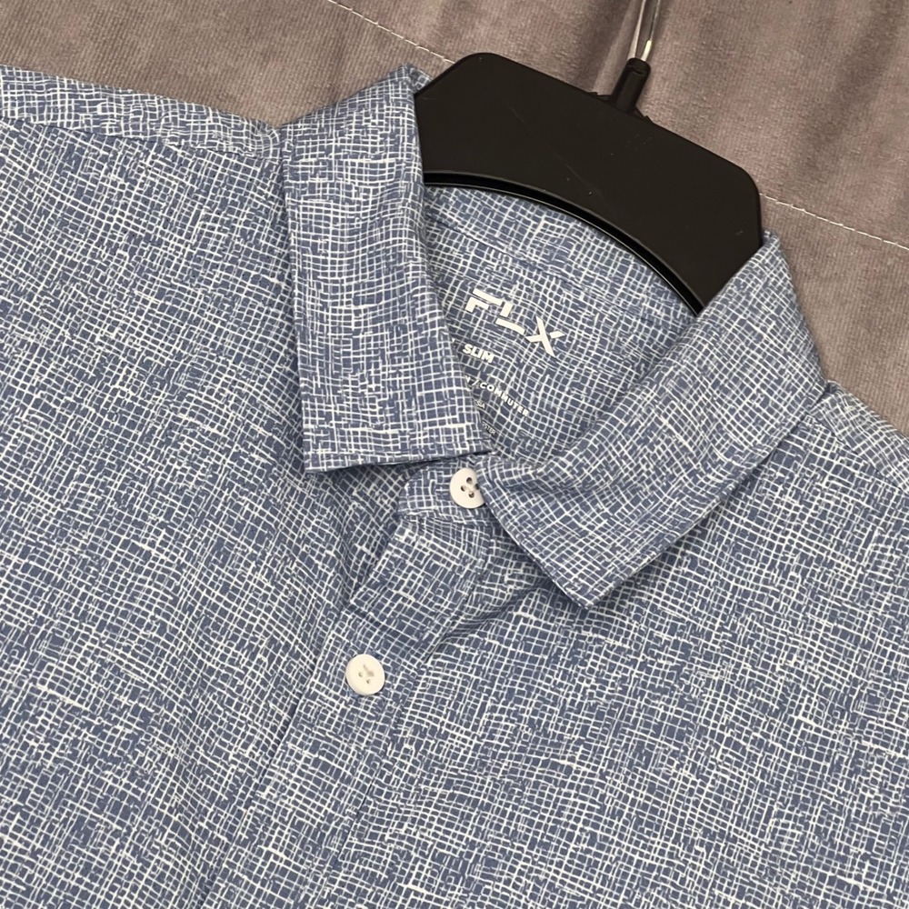 FLX Urban Commuter Shirt Mens Large Slim Blue Grid S/S Stretch Excellent